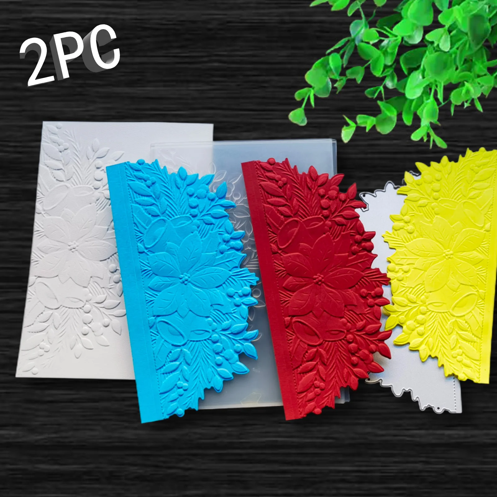 A 2-piece set of 3D relief folders and cutting molds designed with winter floral patterns of holly and poinsettia, used for card
