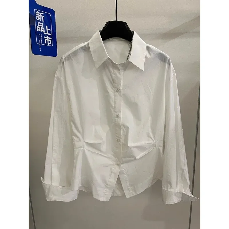 

New Temperament Loose Lapel Solid Color Shirts High-end Pleated Waist Long-sleeved Women's Tops for Spring and Autumn