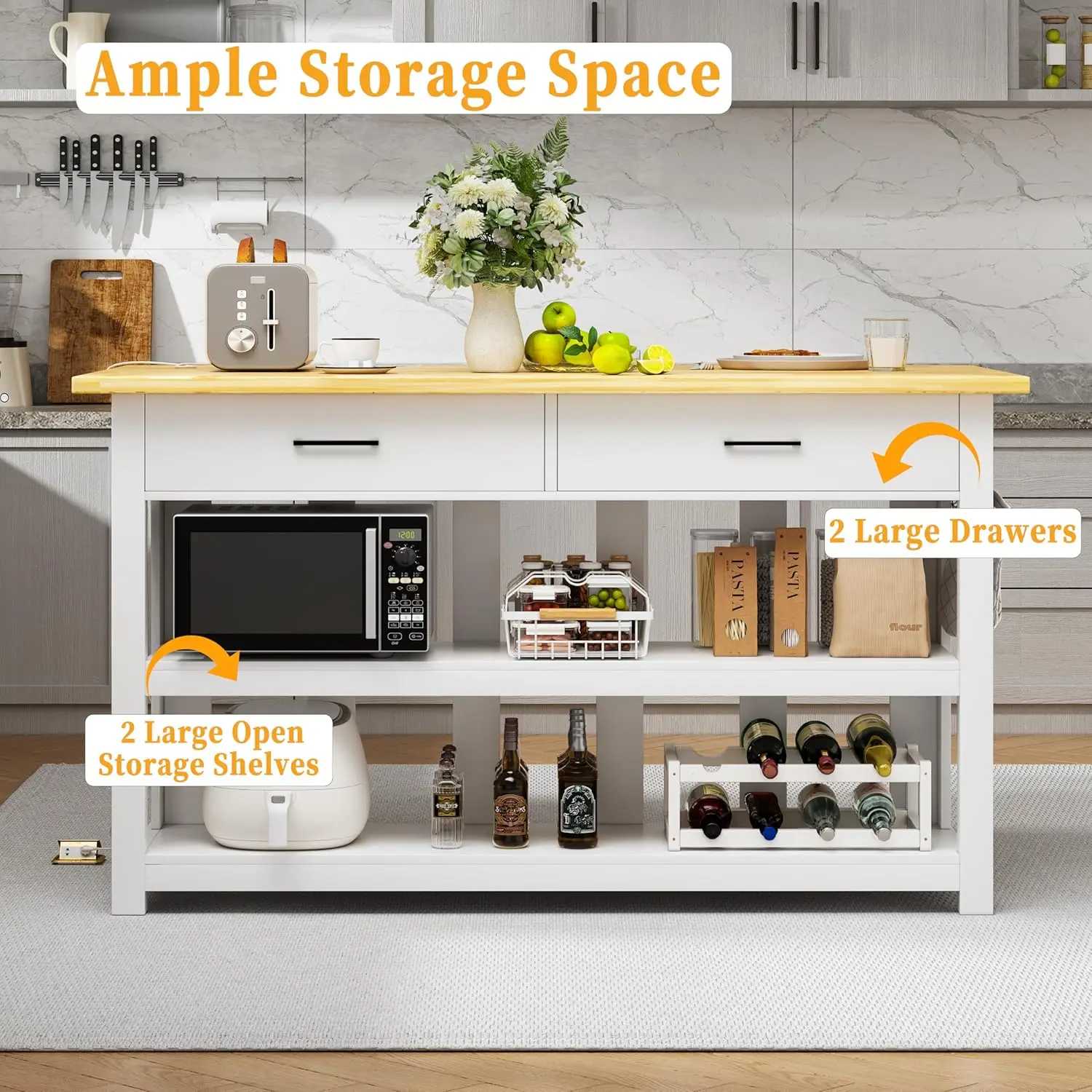 جزيرة مطبخ من الخشب المطاطي الصلب مقاس 47.3 بوصة مع منافذ - طراز المزرعة، سطح عمل كبير، درجين ورفوف مفتوحة