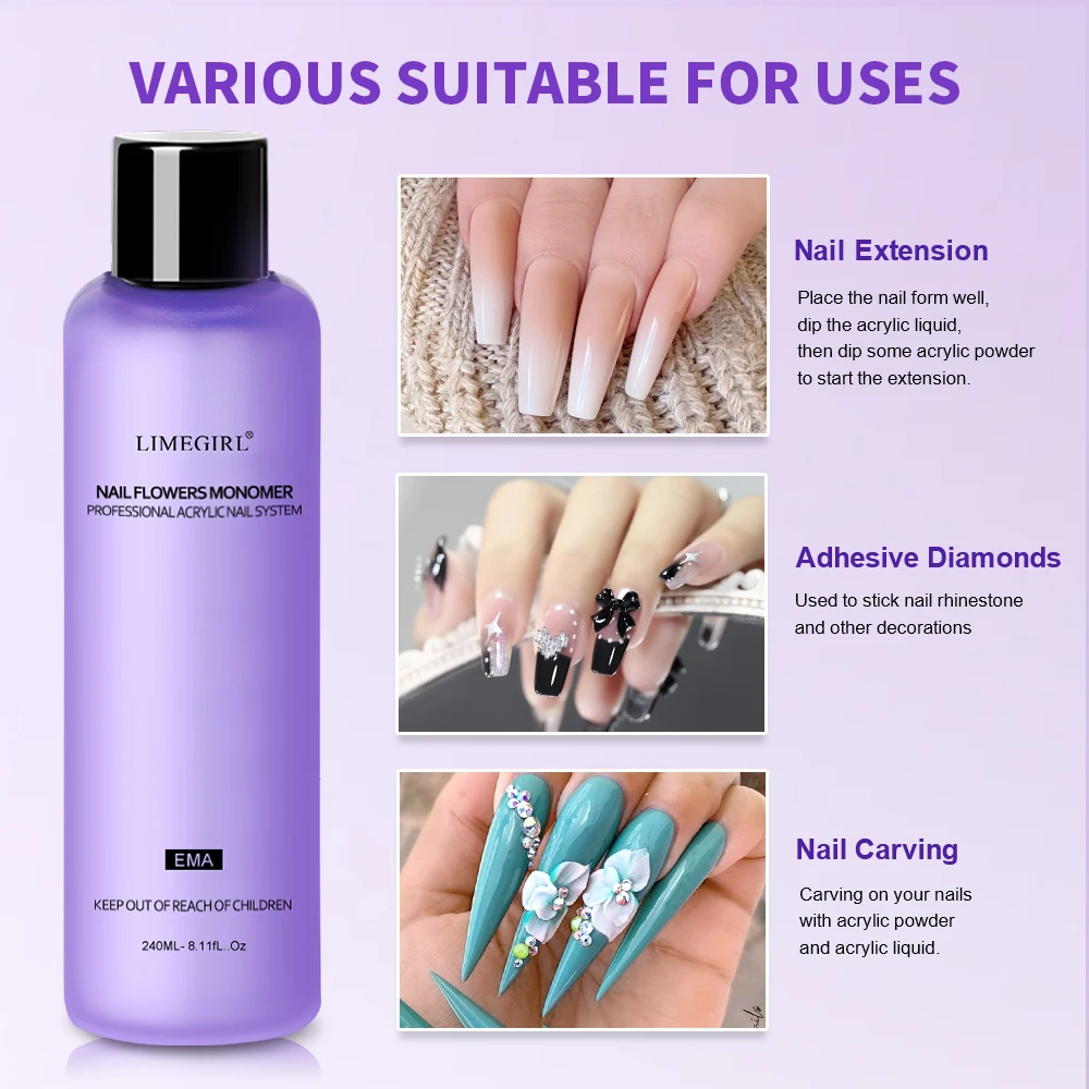 LIMEGIRL Monomer Acrylic Nail Liquid Crystal 40ML/75ML/120ML/240ML for Acrylic Powder Application for DIY Home & Nails Salon Use