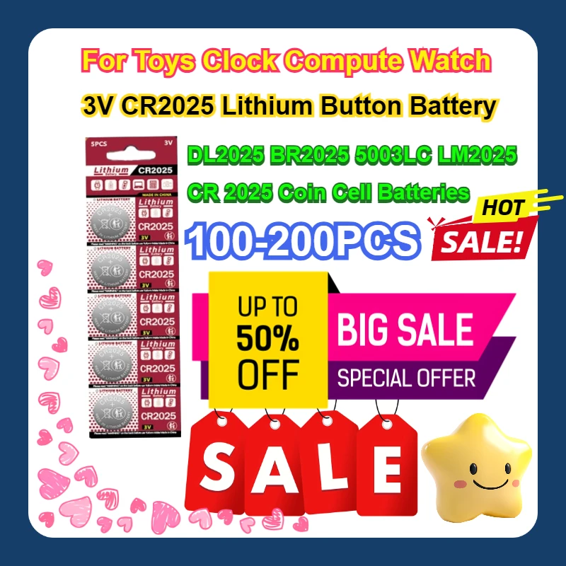 

100-20PCS For Toys Clock Compute Watch 3V CR2025 Lithium Button Battery DL2025 BR2025 5003LC LM2025 CR 2025 Coin Cell Batteries