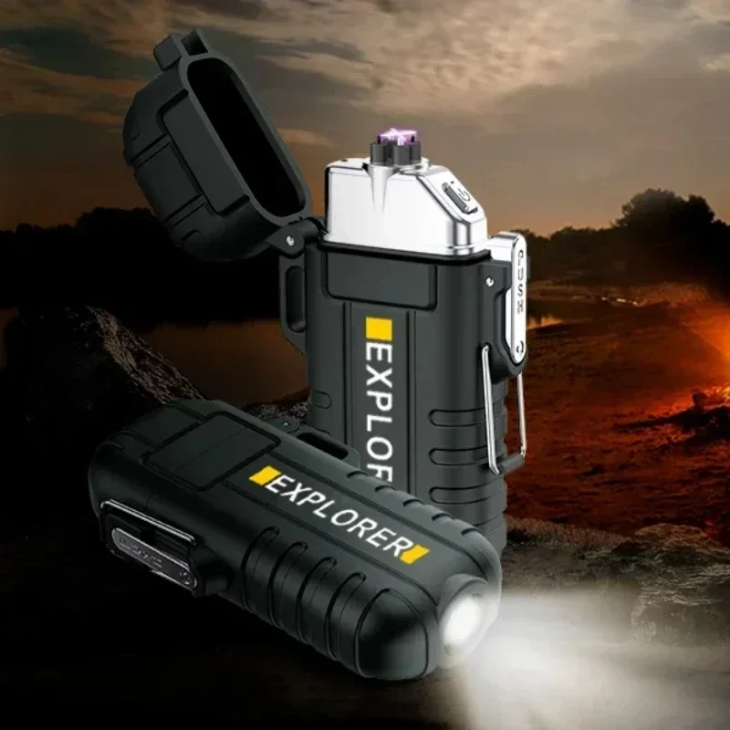 New Waterproof Plasma Lighter with Flashlight Custom Windproof Arc Lighter Outdoor Usb Lighter Survival Whistle and Lanyard