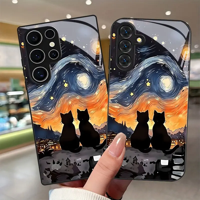 Cat star pattern 2D tempered Glass Phone Case for Samsung Galaxy S26 Ultra s25 + S24 S23 FE 5G S22 S21 Mobile cover