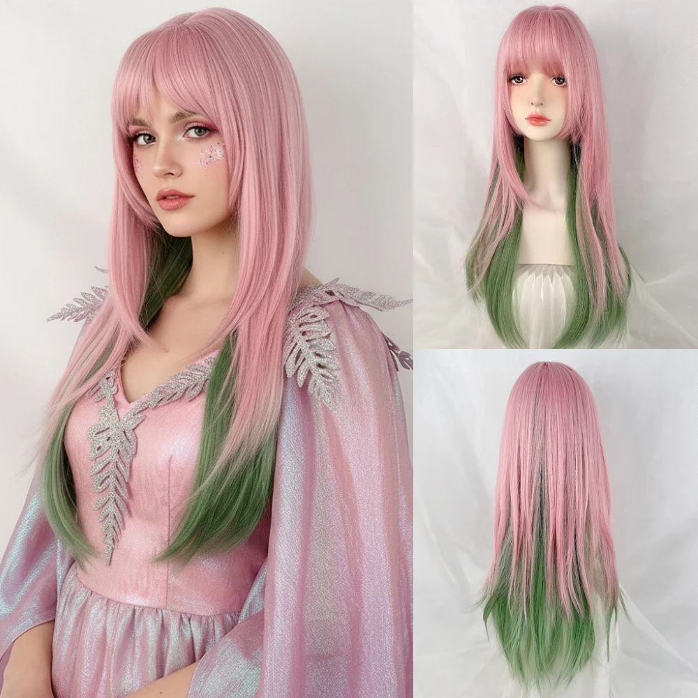 

Y2k длинный прямой розовый Ombre зеленый многослойный парик Лолиты синтетический женский пушистый парик для косплея для повседневной вечеринки