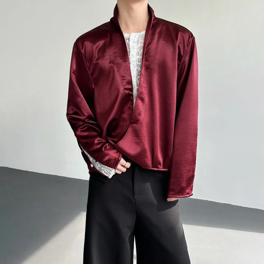 

Winter Men's Faux Two-Piece Lace Long-Sleeve Shirt French Retro Fashion Trendy High Street Loose Casual Niche Men's Tops