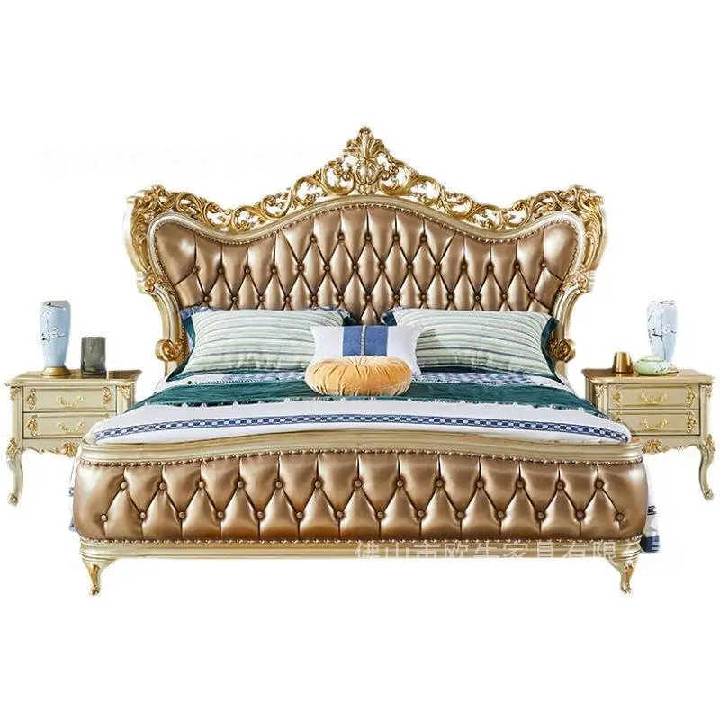 

Двуспальная кровать из цельной древесины и кожи в европейском стиле, роскошная резная свадебная вилла в главной спальне 1,8 метра, золотой европейский стиль