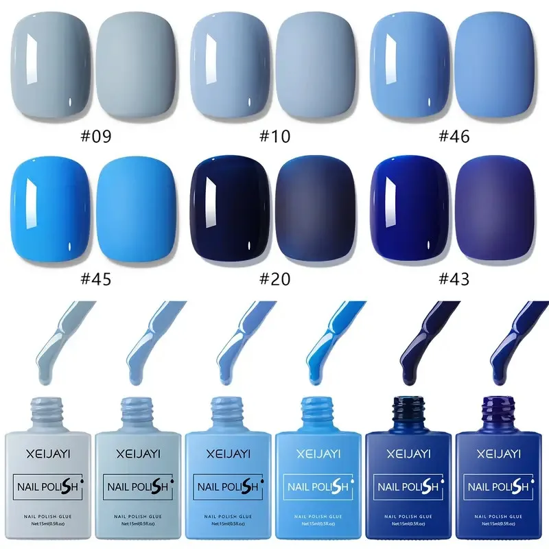 XEIJAYI 15ml 젤 매니큐어 6 색 블루 누드 네일 아트 광택 젤 래커 탑 코트 DIY 디자인 모든 장식 담그기