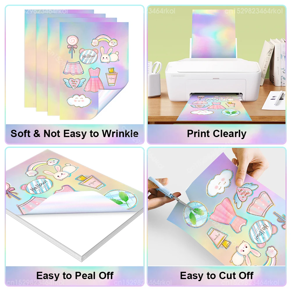 10 Sheets Holographic Vinyl Sticker Paper A4 Paper Sticker Self Adhesive Printable Vinyl Paper for Inkjet Printer Copy Paper