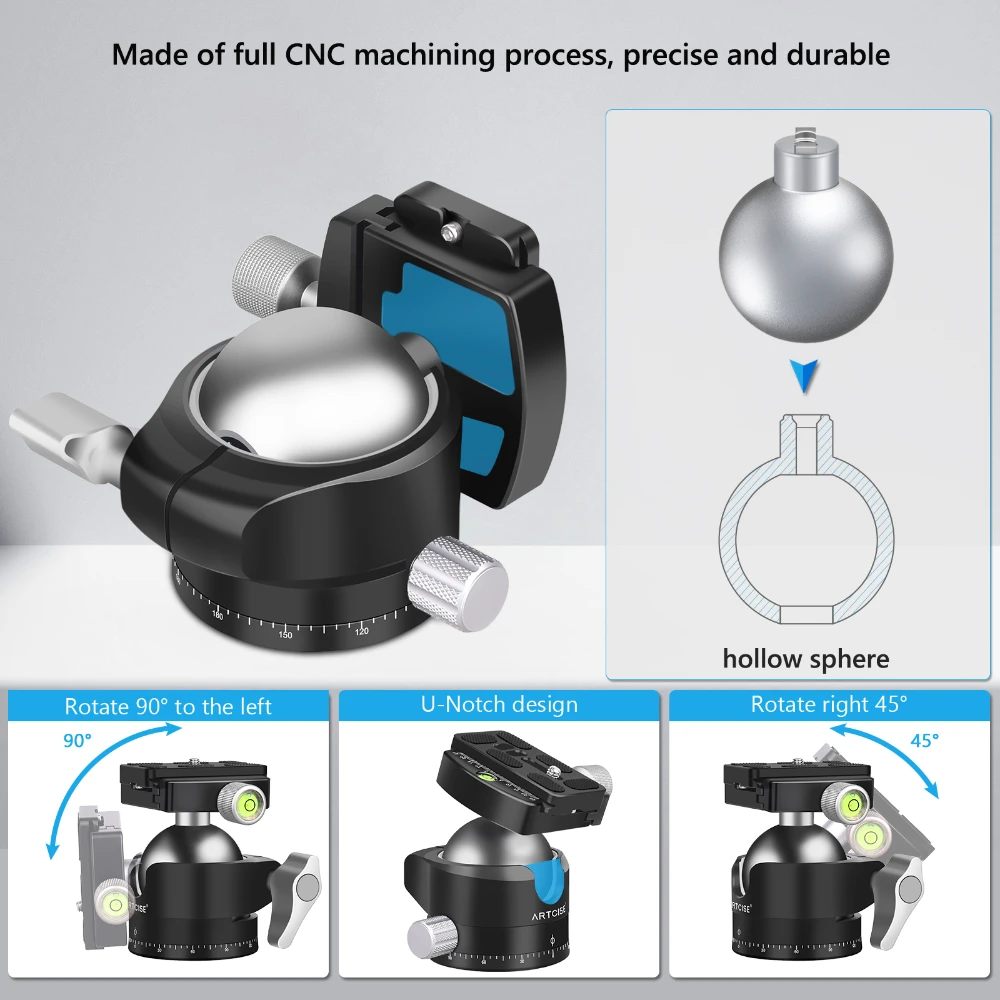 ARTCISE EB56 Low Profile Tripod Ball Head,56mm Ball All Metal CNC 360° Panorama BallHead for Digital SLR Cameras Max Load 40kg - Image 4