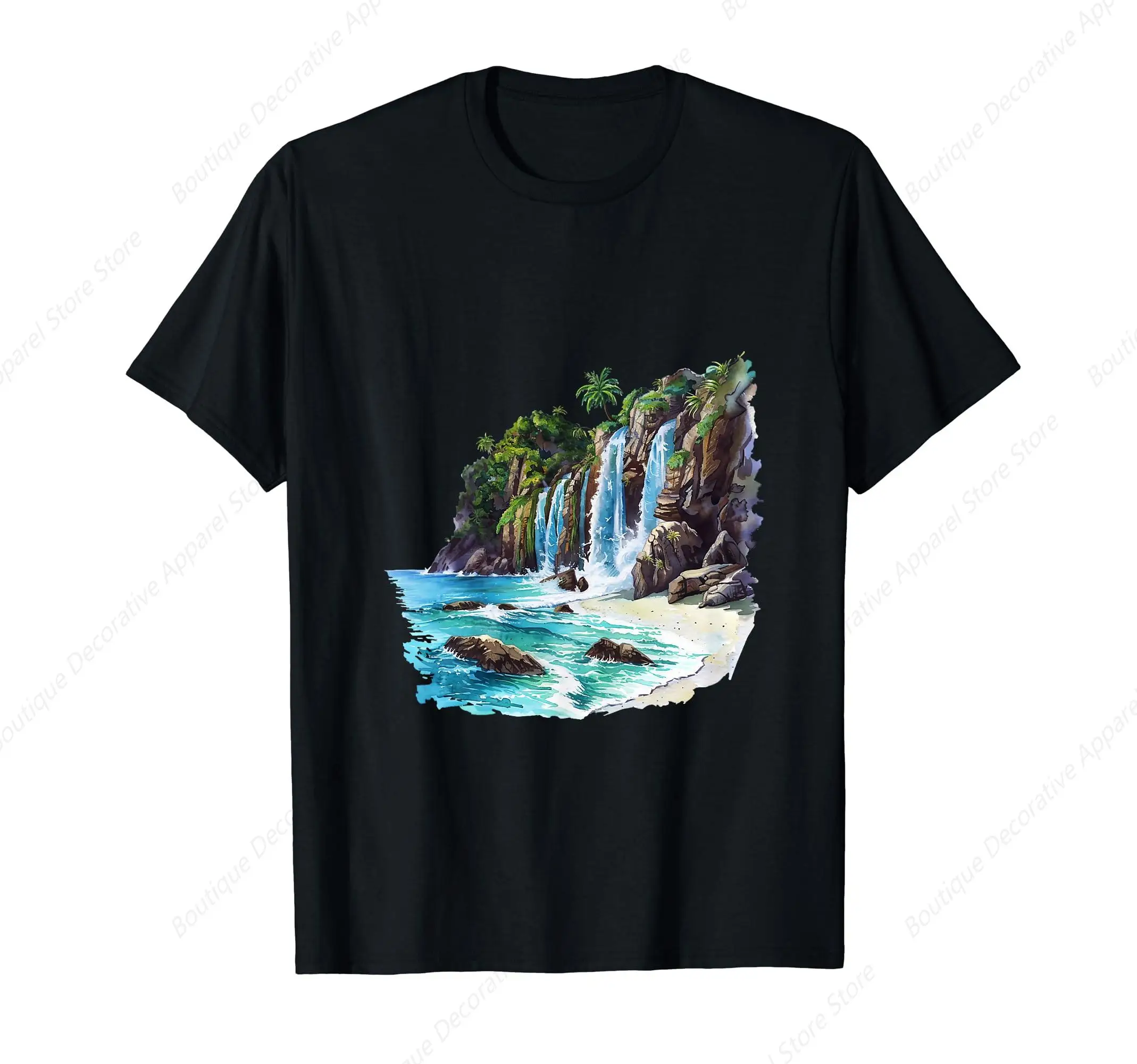

Summer Vacation Beach Watercolor Painting Art Waterfall T-Shirt