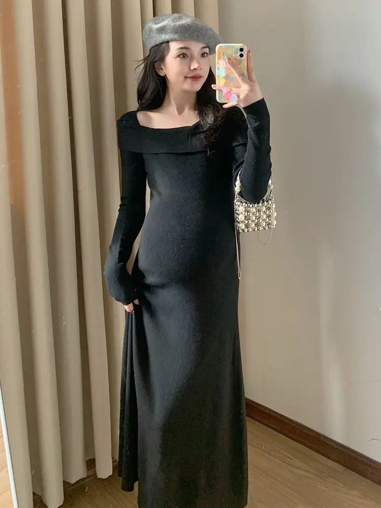 Maternity One-line Collar Fall and Winter Knitted Dress Mid-length Bottoming Dress Sweater Inside A-line Skirt Women Dress