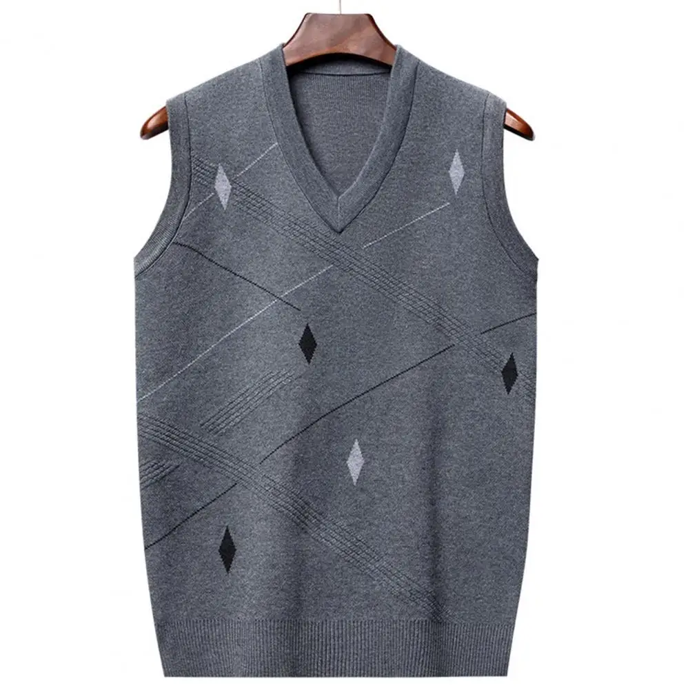 

Stylish Men Vest Geometric Print V Neck Sleeveless Men's Sweater Vest Warm Knitted Stylish for Fall Winter Men Sweater Vest