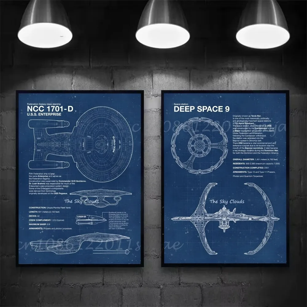 مخطط سفينة الفضاء ستار تريك ملصق فني ذاتي اللصق مقاوم للماء ورقة ملصق مقهى بار غرفة جدار ديكور