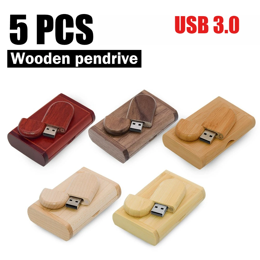Paquete de 5 Unidades, Caja de Regalo de Madera, Unidad Flash USB 3.0, Capacidad Real, Unidad de Memoria de Alta Velocidad, Logotipo Personalizado Gratuito, Memoria USB para Bodas, 64 GB