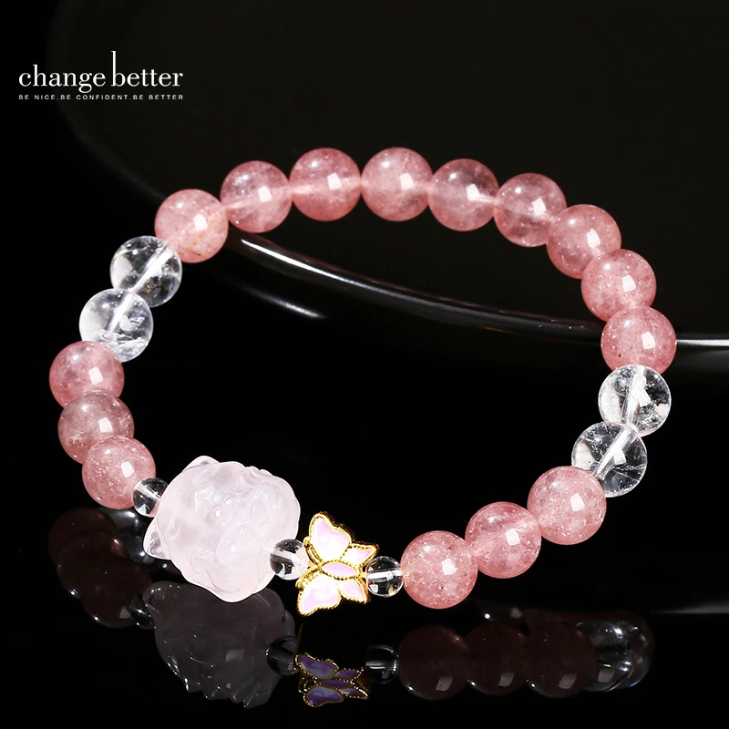 Natural Stone Strawberry Quartz Healing Bracelets Women New Design Pink Quartz Carved Nine-Tailed Fox Crystal Energy Bracelets