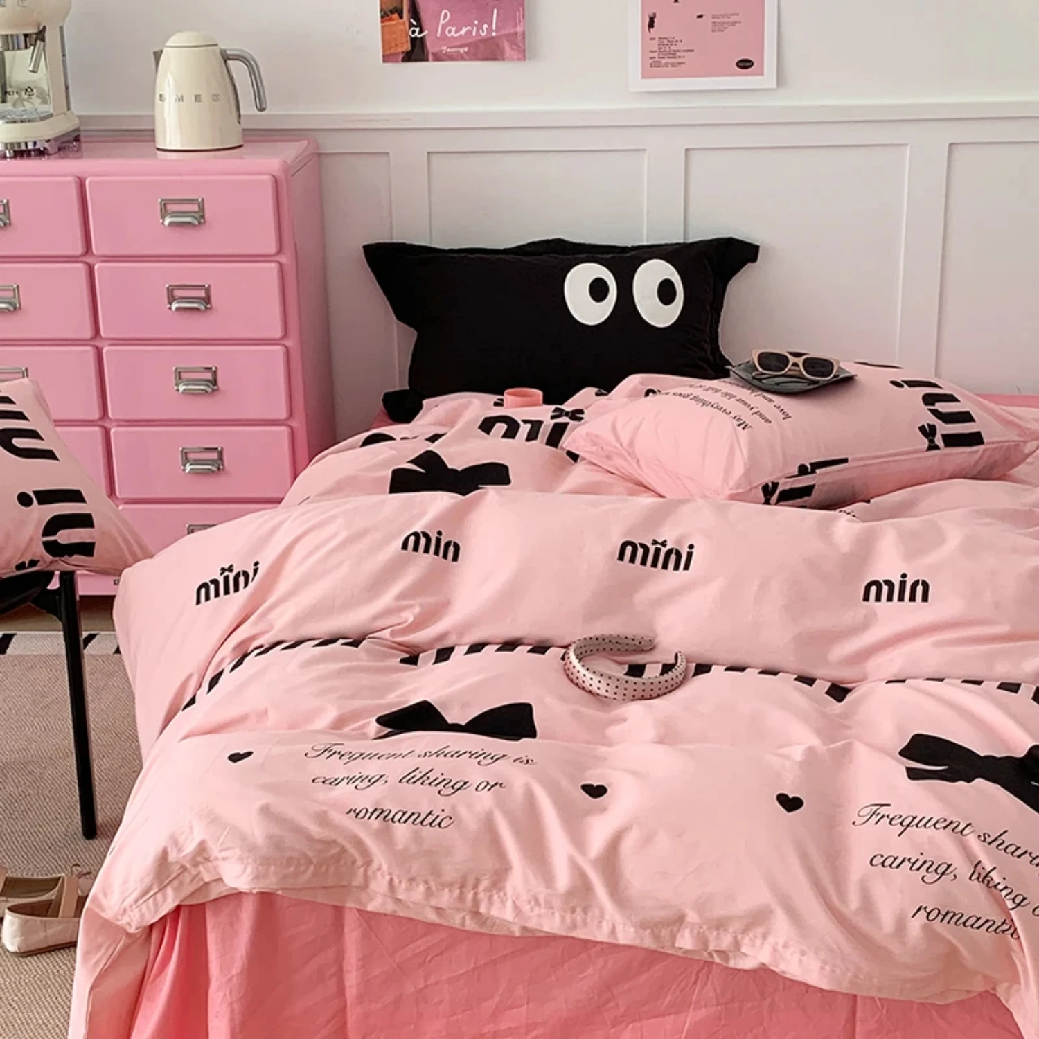 

Korean Style Pink Letter Bedding Set Flat Bed Sheet Pillowcase Twin Full Queen Size Bed Linen Girl Princess Bow Knot Duvet Cover