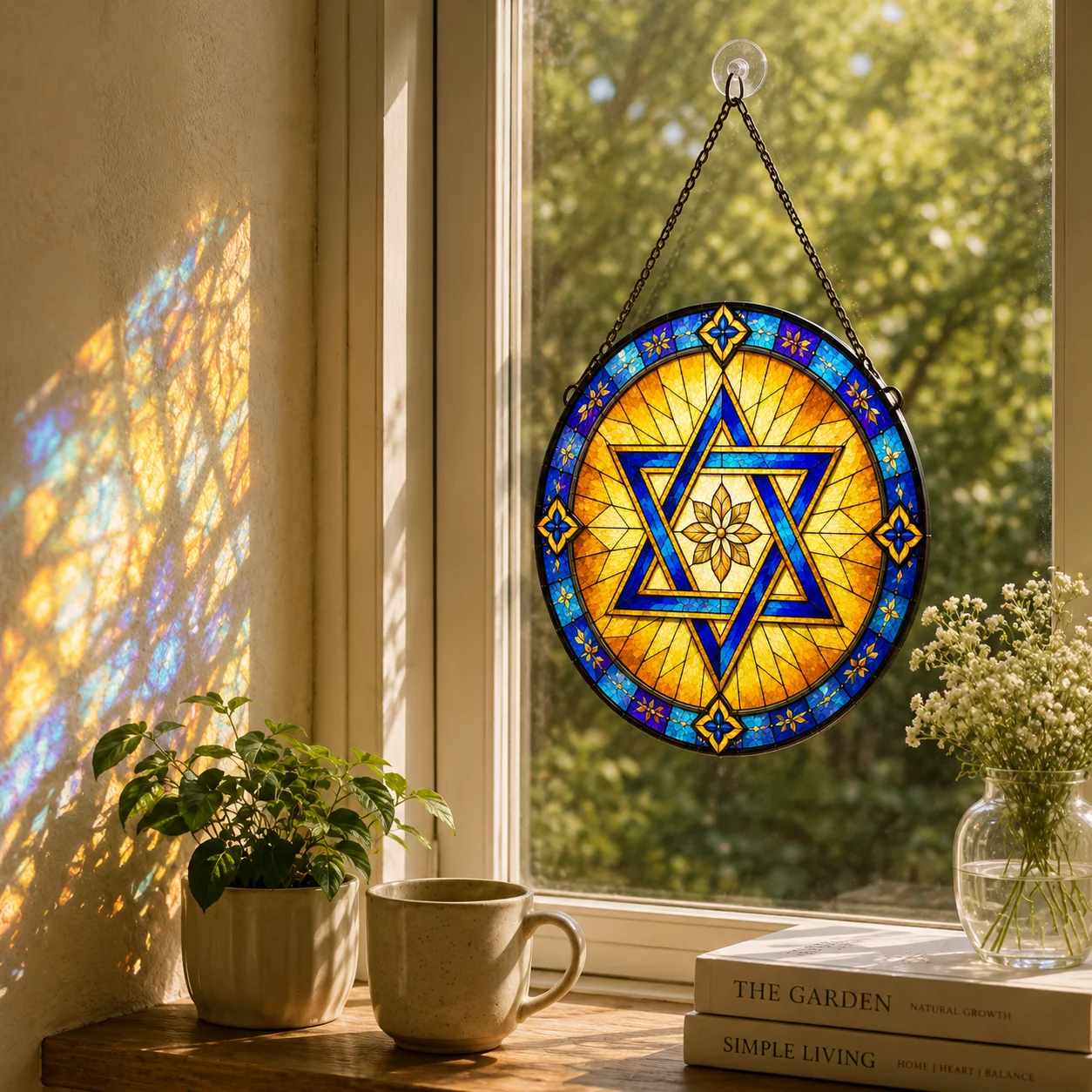Israel Jewish Stained Glass Suncatcher Hamsa Blessing Pomegranate Tree Outdoor & Window Hanging, Home Decor Gift Dropshipping