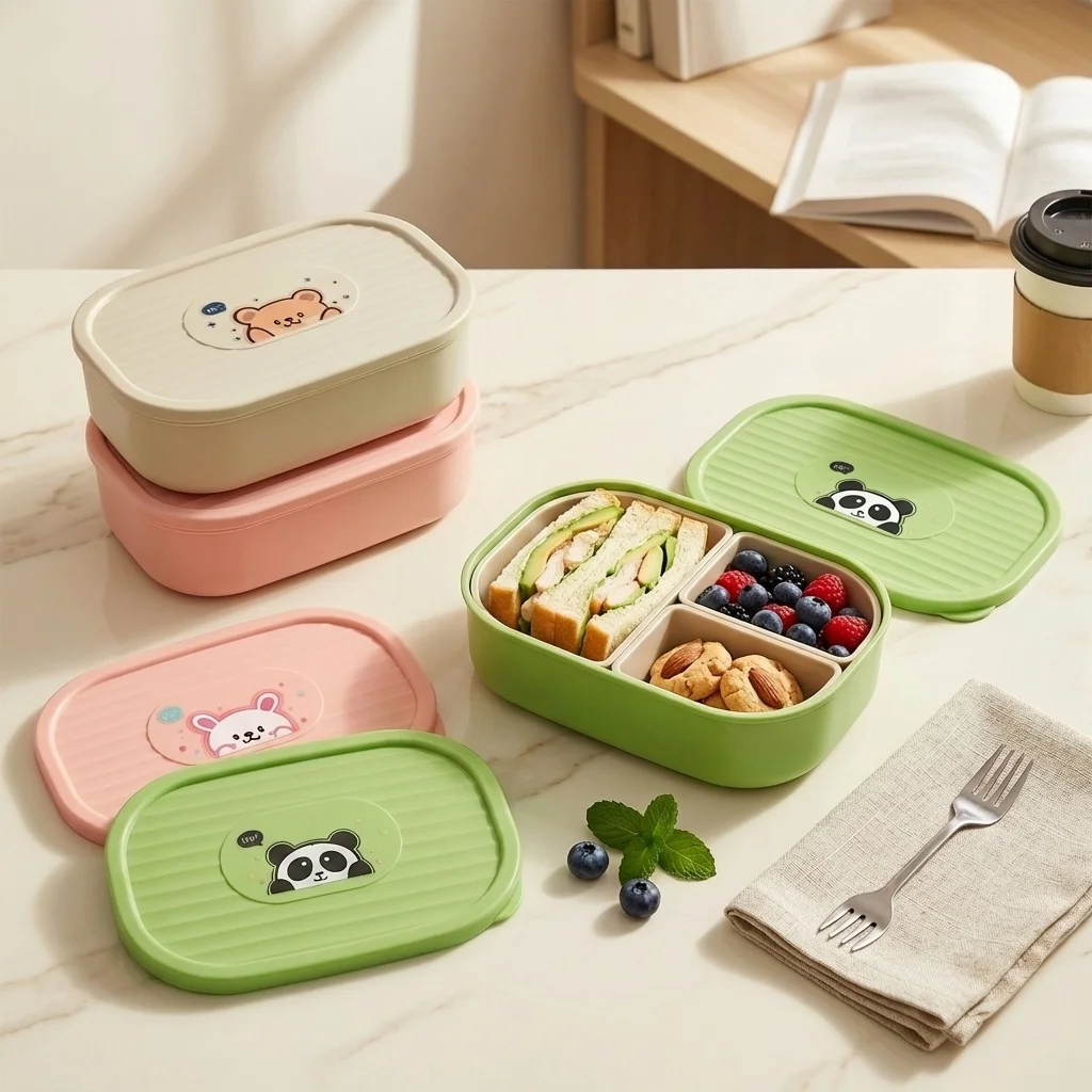 Cute Plastic Divided Lunch Box For Kids Students Portable Sealed Detachable 3 Grids Fruit Salad Food Container Microwave Safe
