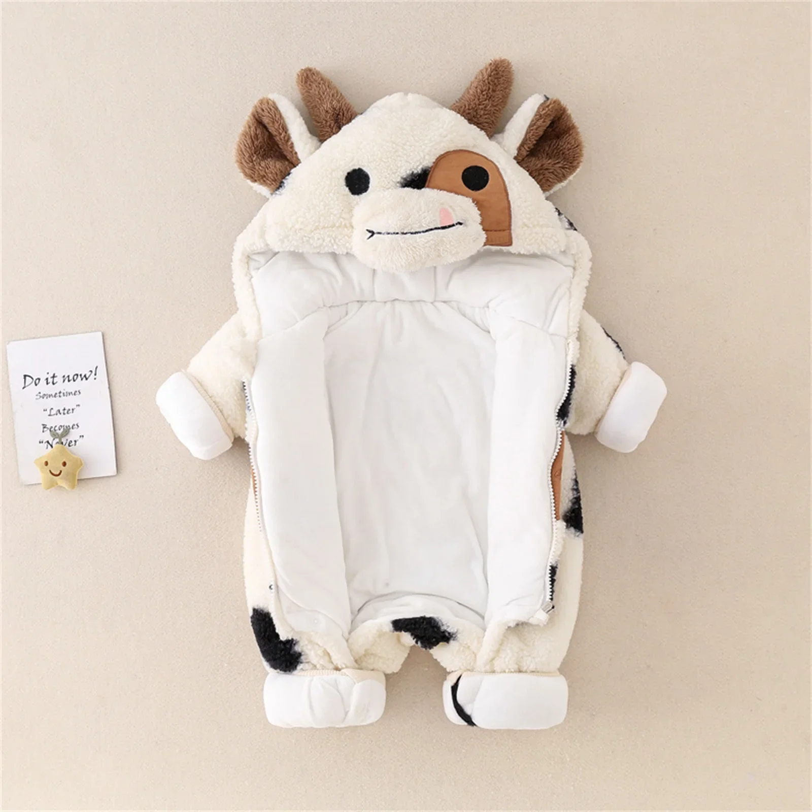 2025 Winter New Party DIY Decor Toddler Baby Girls Boys Plush Jumpsuit Long Sleeve Cartoon Cow Print Zipper Hooded Romper