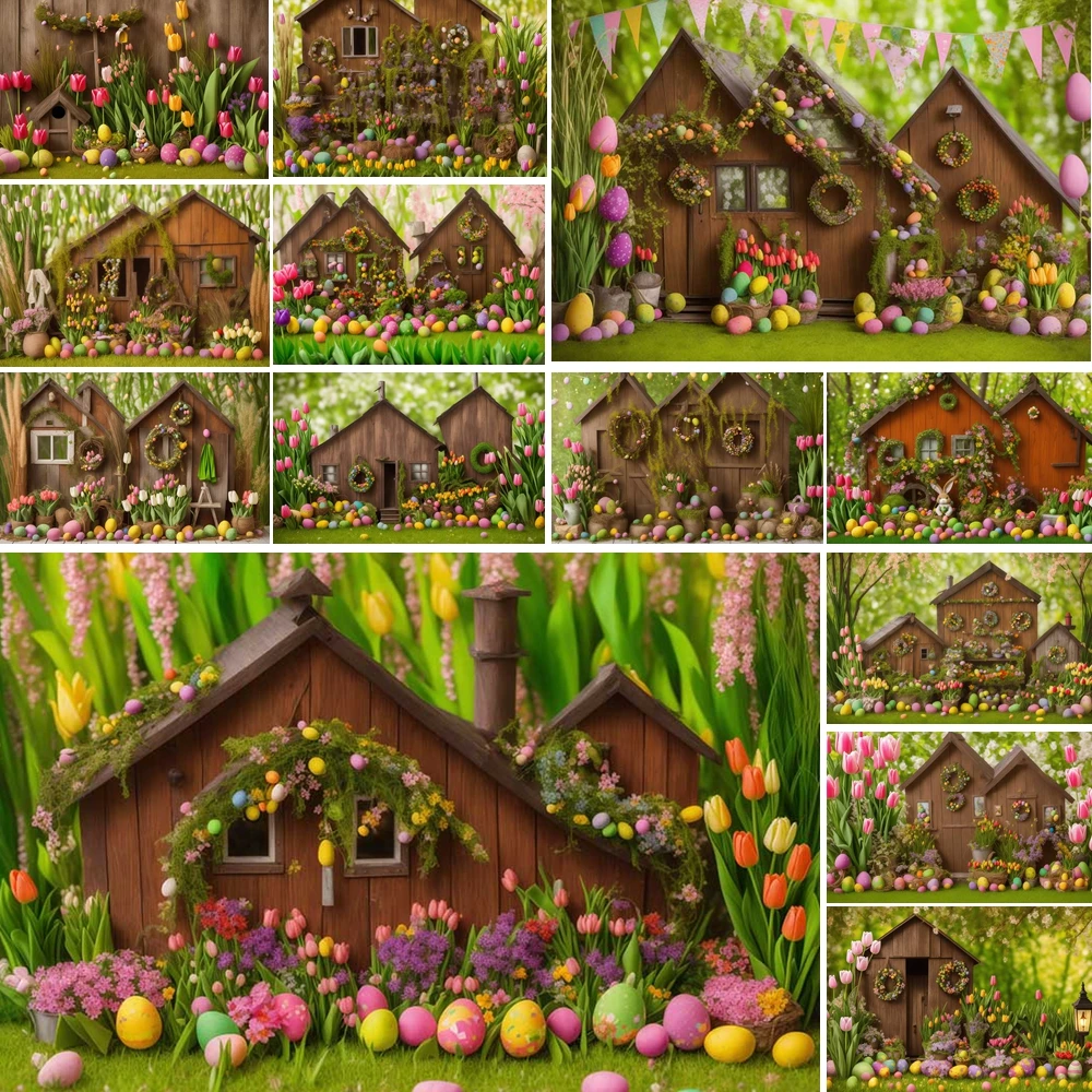 

MOON.QG Easter Rustic Cottage Backgrounds For Photographs Floral Timber Hut Eggs Meadow Backdrop Poster Photocall Accessories
