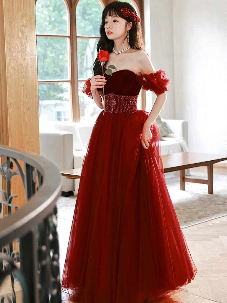 

Burgundy Bridesmaid Dresses Beading Sweetheart Engagement Off Shoulder Women High-end Luxury A Line Banquet Bride Toasting Gown