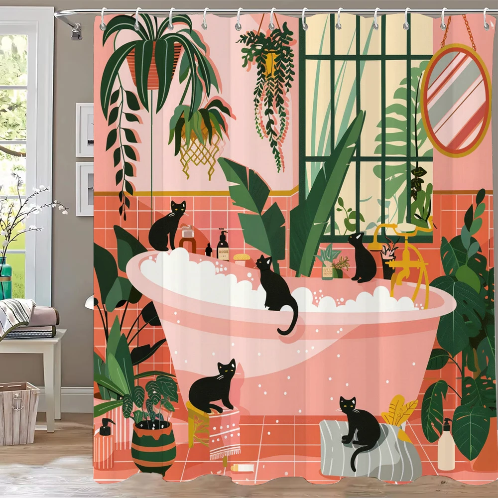 1 piece of Nordic Plant style, Bath Black Cat Printed Shower Curtain, Decorative Bathroom Curtain,Home Curtain with Hooks