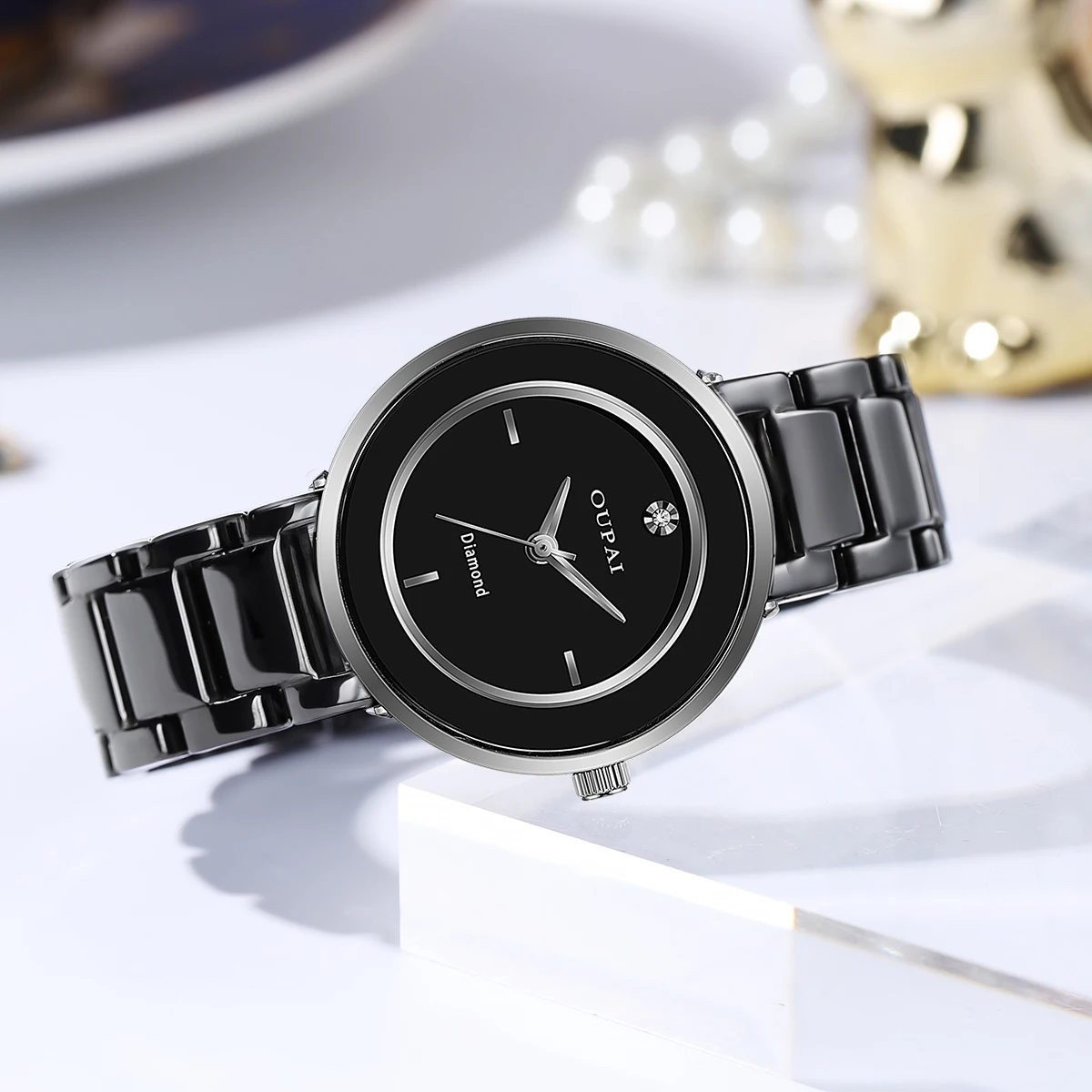 Oupai round shape elegant black ceramic strap watch women's quartz set diamond scratch resistant fashion simple women's watch