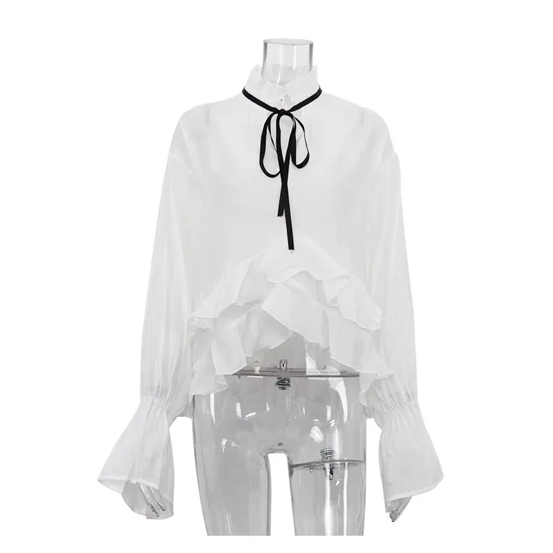 Sexy Lose Weiße Frauen Hemd Mode Rüschen Kragen Langarm Blusen Elegante Durchsichtig Top Weibliche Kleidung