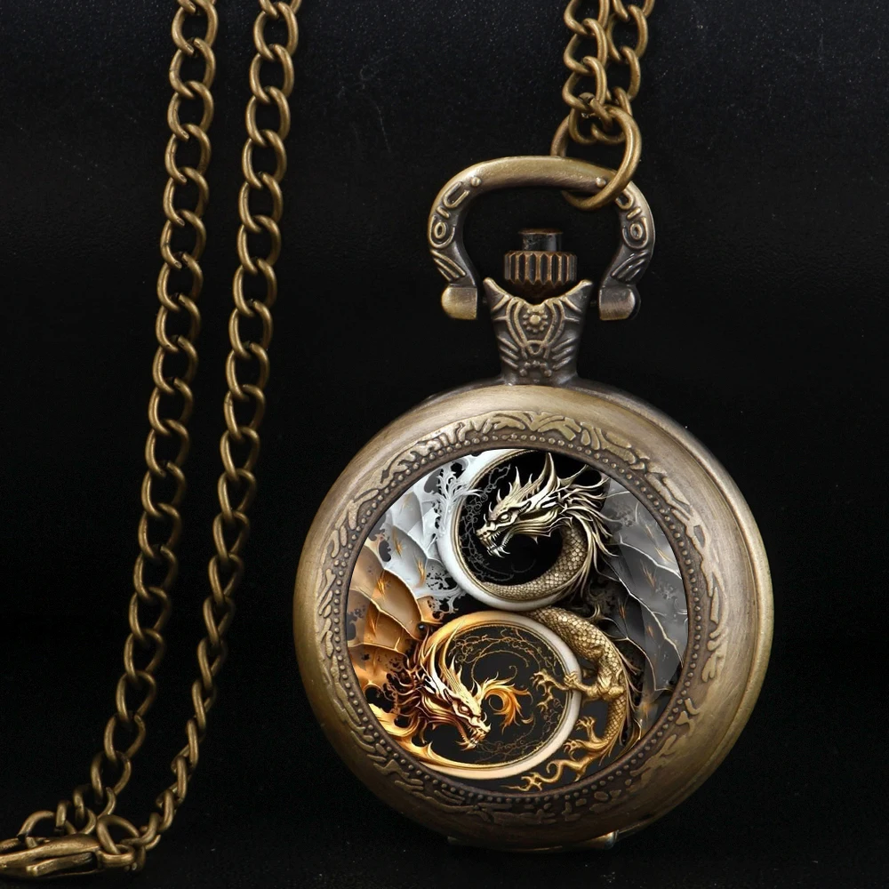 

Mysterious Dragon Bronze Vintage Quartz Pocket Watch for Women Men Necklace, Unique Pendant Clock Watch Gift Accessories