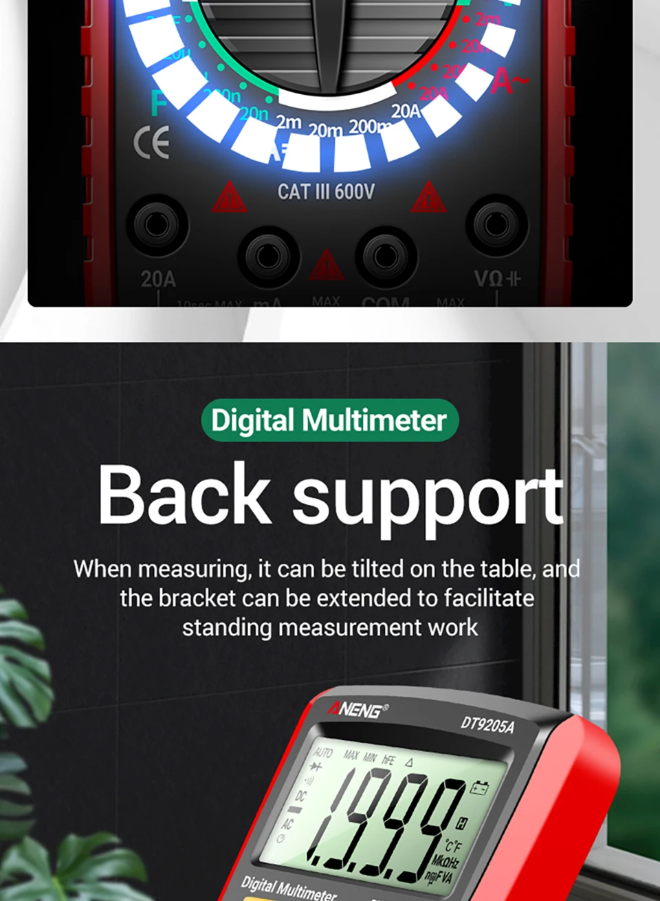 ANENG DT9205A Multifunktionales Digitalmultimeter mit 1999 Zählungen, Summer, Dioden- und Transistortest, Universalmessgerät für Elektriker – Detail 8
