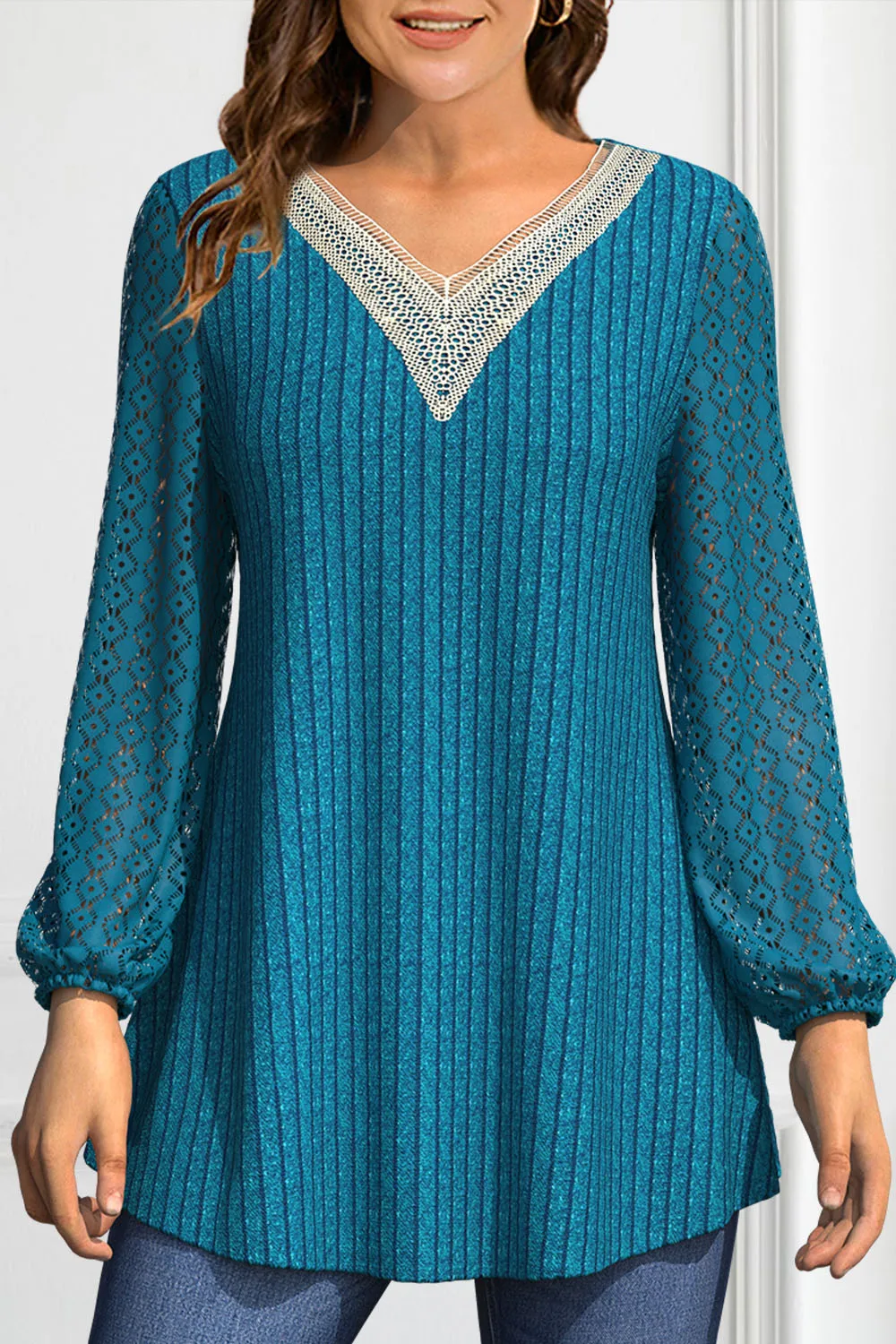 

Women's V-Neck Lace Trim Tunic Blouse Tops Long Puff Sleeves with Eyelet Detail Ribbed Knit Shimmer Casual Blouse
