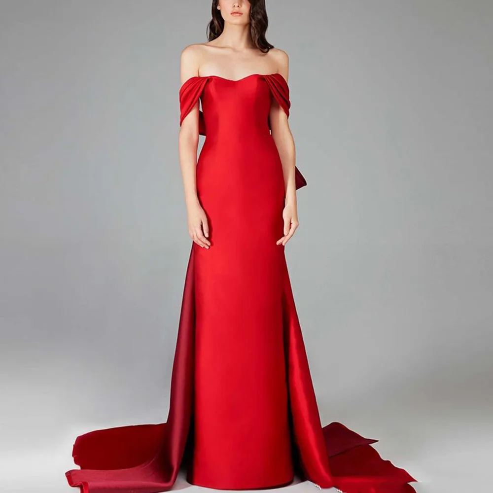 

Customized Elegant Red Evening Dresses Off The Shulder Slim Tailed Long Straight Prom Dresses Floor Length Evening Party Dresses