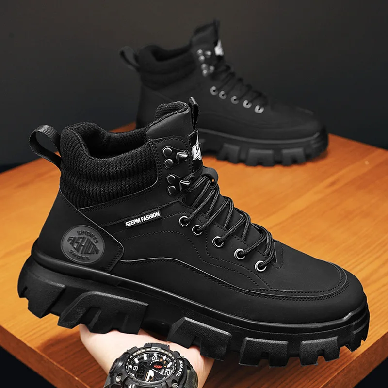 2025 New Men's High Top Lace Up Boots British Style Work Combat Hiking Shoes Outdoor Waterproof Non-Slip Casual Sneakers view 5