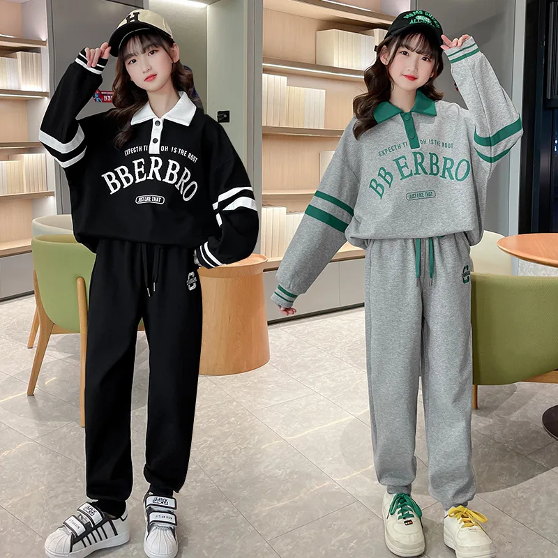 

Spring Autumn Girls Alphabet Preppy Sweatshirt+Drawstring Sweatpant Workout Set School Kids Tracksuit Child Jogger Outfit 3-16Yr