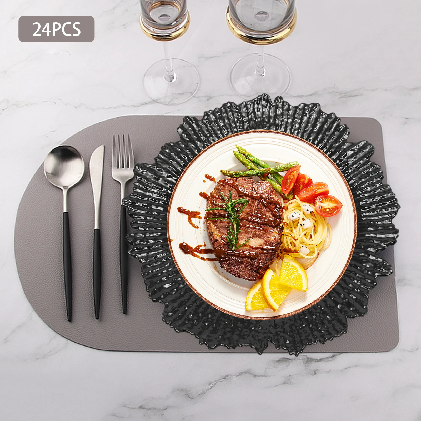 

12.6 Inch Round Plastic Charger Plates, Elegant Decorative Placemats for Wedding, Party, Dinner - 24pcs, Snowflake Design, Black