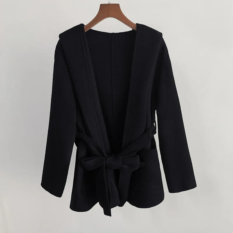 

Autumn/Winter Stylish Hooded Belted Double-Faced Lightweight Oversized Waist-Defining Tie-Front Coat For Women