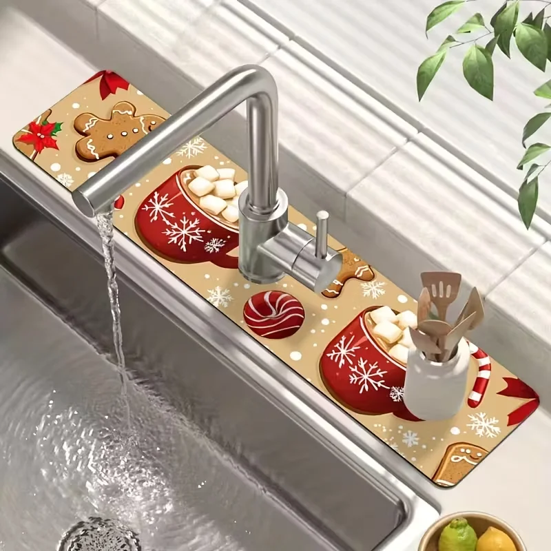 

VIKAMA Christmas-Themed Bowl And Plate Absorber Mat Kitchen Sink Tap Mat Suitable For Kitchen And Bathroom Home Décor
