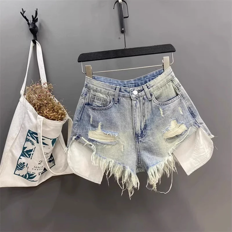 

Vintage Blue Sexy Ripped Jeans Women's High Waist Summer Rolled Hem Distressed Ultra Denim Jeans Ripped Denim Shorts