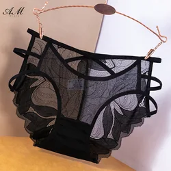 Women Soft Sheer Thin Briefs Transparent Mesh High Waist Hollow Out Panties Large Size Wrapped Hip Bowknot Breathable Underwear