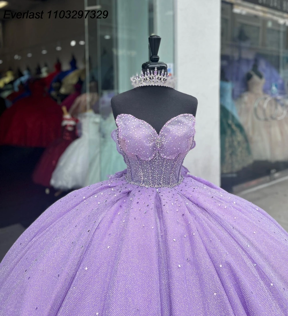 Блестящее Лавандовое Сиреневое платье EVLAST для Quinceanera, бальное платье с блестками, аппликация, украшенная бисером, искусственное милое платье для 16 лет, QD1069