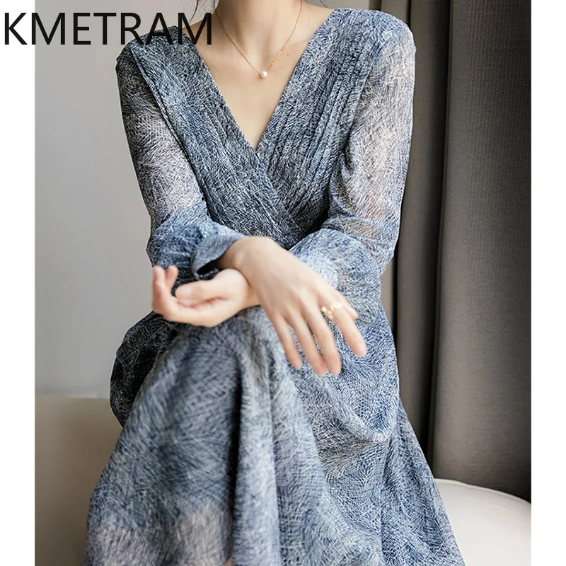 KMETRAM 100% Mulberry Silk Elegant and High-end Womens Dress Summer Mid-length Pleated Dresses New in 2024 Robe Femme Été