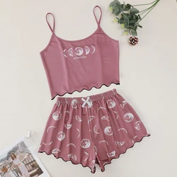 Trendy Women's Eclipse MOON CHILD Monogram Print Solid Color Halter Top And Shorts Cute Style Pure Playful Home Wear Set