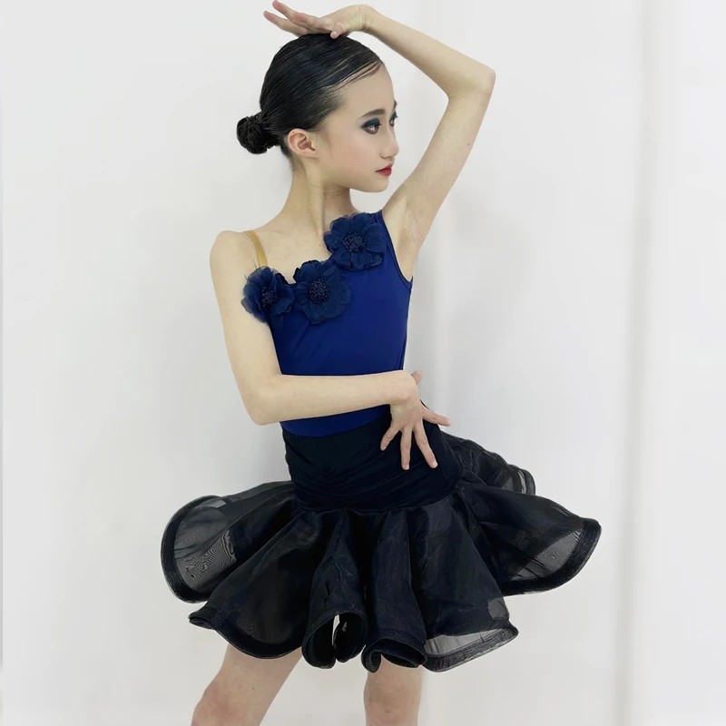 

Kids Latin Dance Clothes Girls Summer Blue Tops Organza Skirt Practice Suit Cha Cha Rumba Samba Dance Performance Wear DNV23065