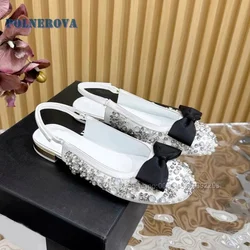 Bowknot Rhinestone Patchwork Shallow Sandals Round Toe Square Heel Back Strap Mixed Colors Mary Janes Patchwork Elegant Pumps