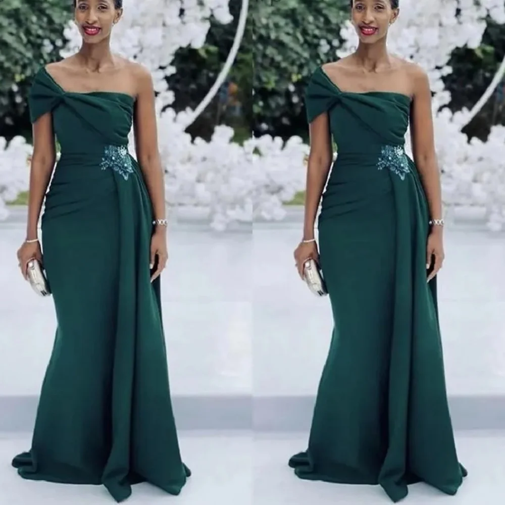 Vestido de baile sereia plissado de um ombro feminino, aplique arco plissado, vestido de noite longo formal, verde escuro, tamanho grande, 2024