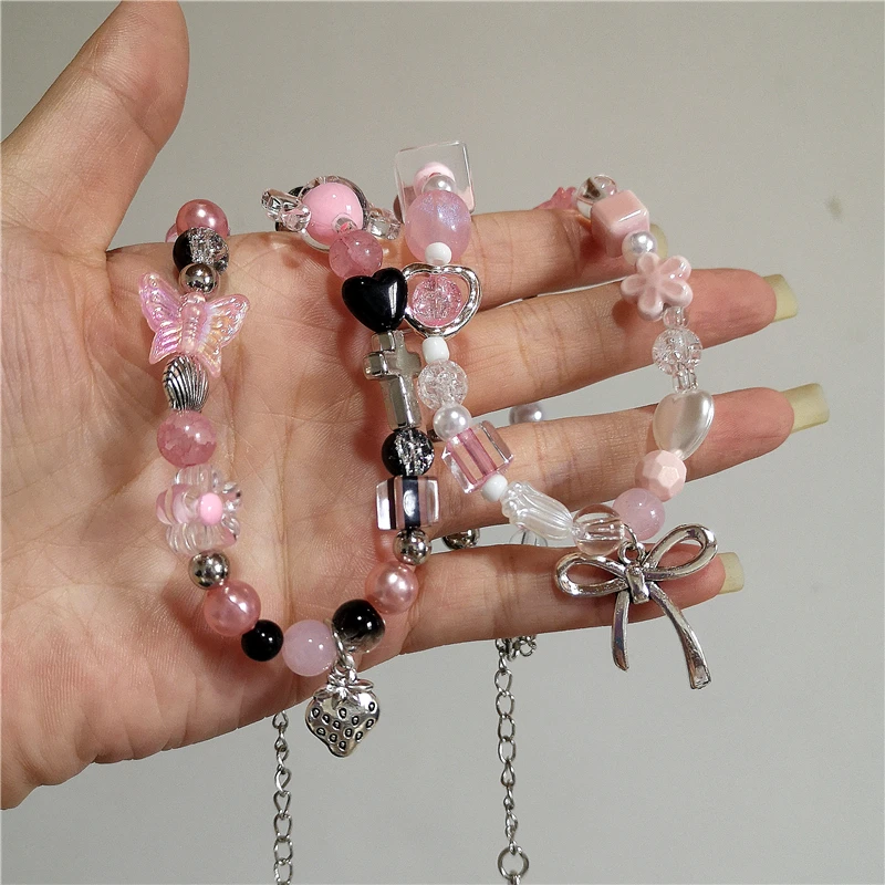 Kpop Goth Pink Cute Bowknot Love Cross Strawberry Bead Necklace Neck Decoration Grunge Y2k EMO 2000s Aesthetic Scene Accessories