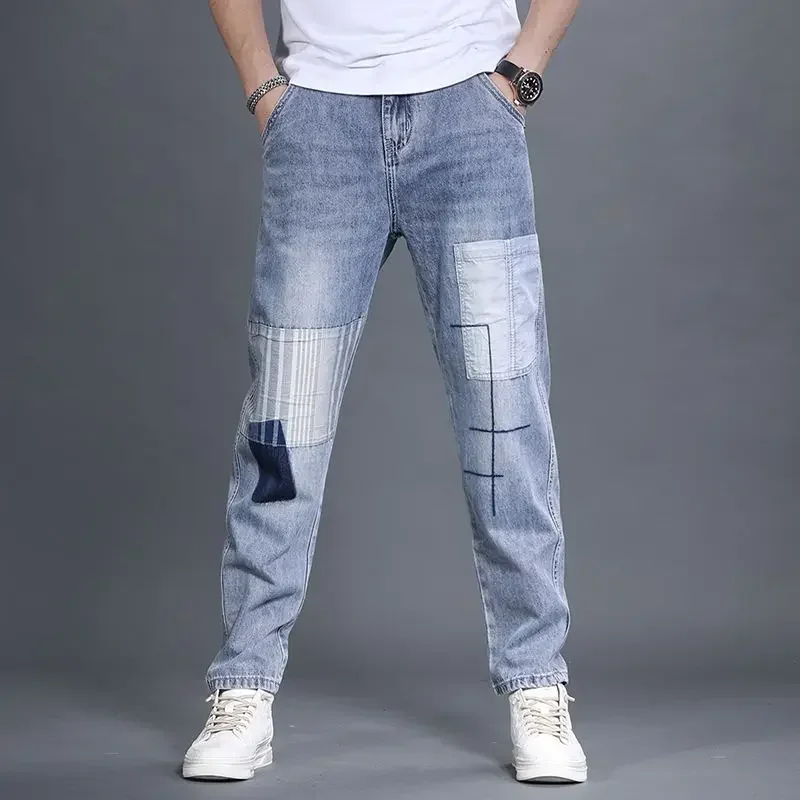 Celana Koboi Pria Pakaian Kerja Slim Fit Skinny dengan Saku Celana Jeans Pria Pipa Ketat Pakaian Musim Gugur Katun Kpop Retro Xs