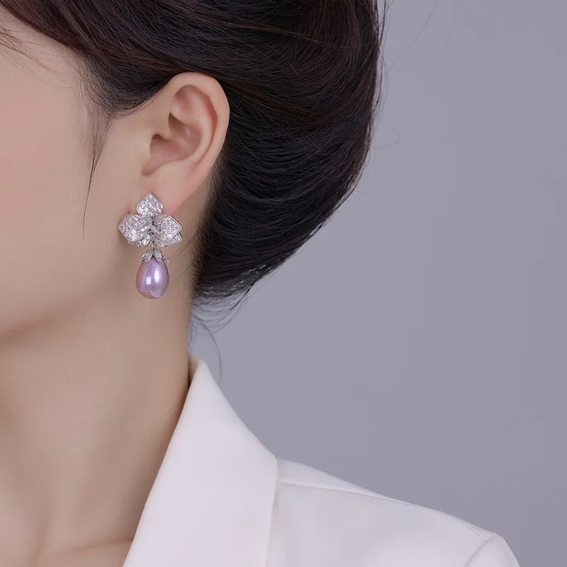 European and American Luxury Heavy Industry Fashion Zircon Micro Inlaid Petal Droplet Shaped Pearl  Earrings