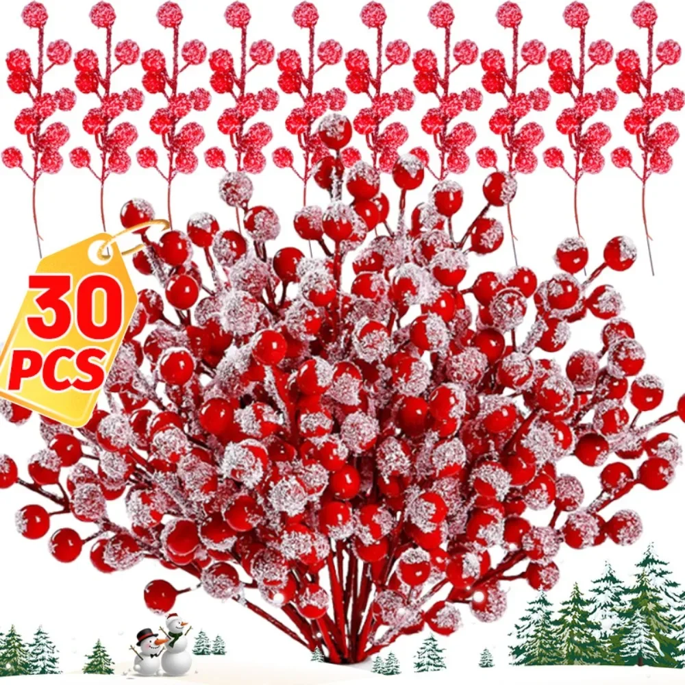 30/1PCS Christmas Snowflake Red Berry Branches Artificial 12 Heads Holly Berry Stems Xmas Tree Wreath New Year Party Decoration