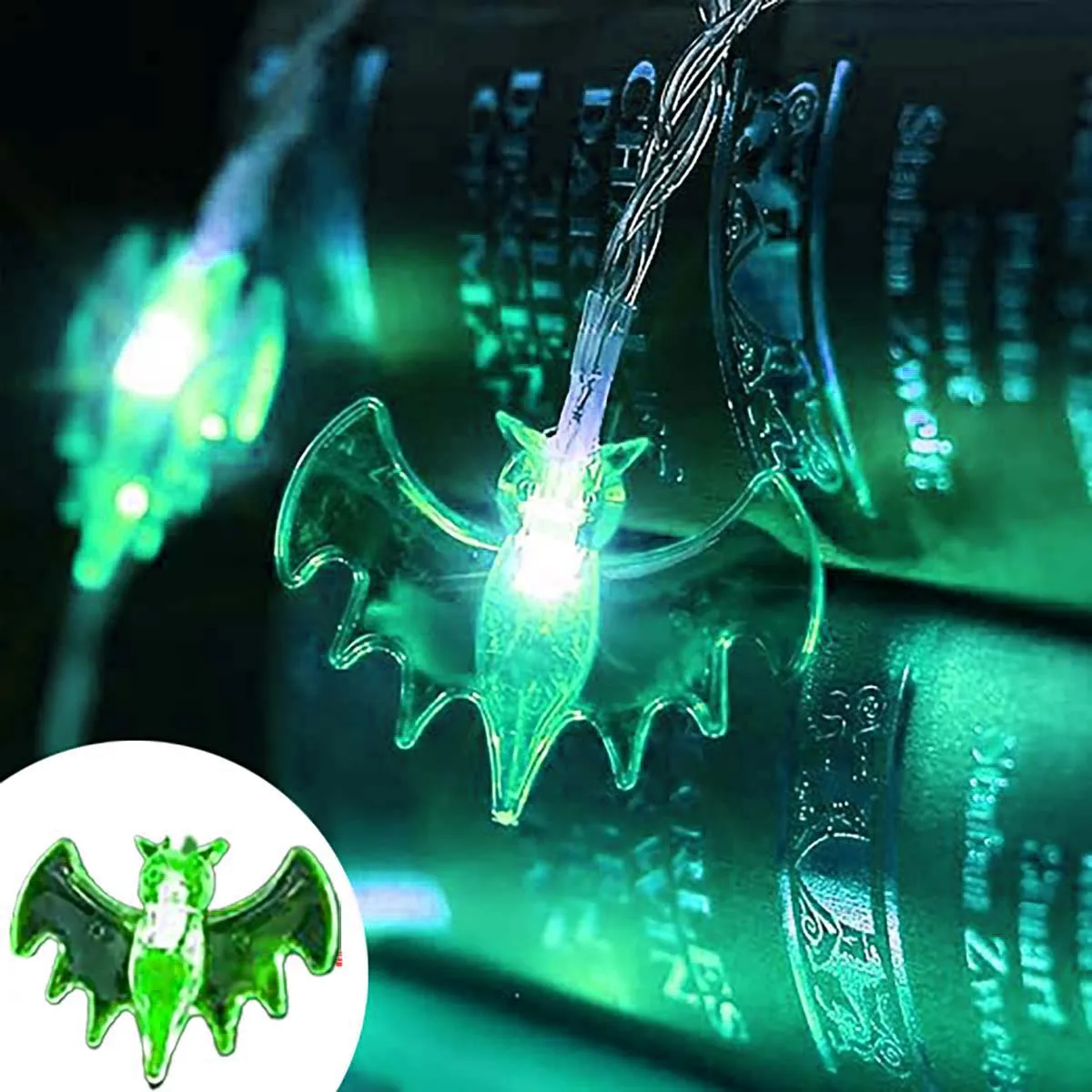 سلسلة مصابيح ليد على شكل خفاش أرجواني وأخضر لهالوين ، طاقة بطارية ، غرفة نوم ، حفلة ، غرفة منزل ، ديكورات حديقة ، 1 1.8